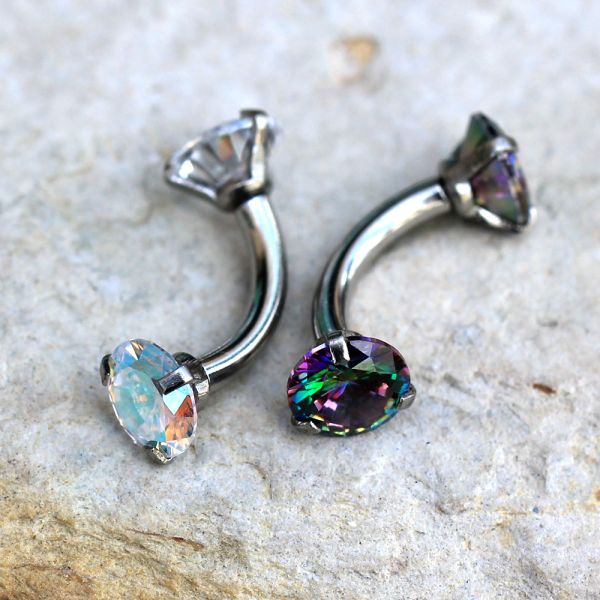 Internally Threaded 316L Stainless Steel Prong Set Iridescent Cubic Navel Ring
