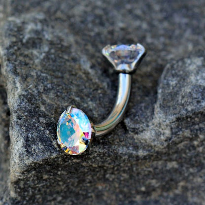 Internally Threaded 316L Stainless Steel Prong Set Iridescent Cubic Navel Ring