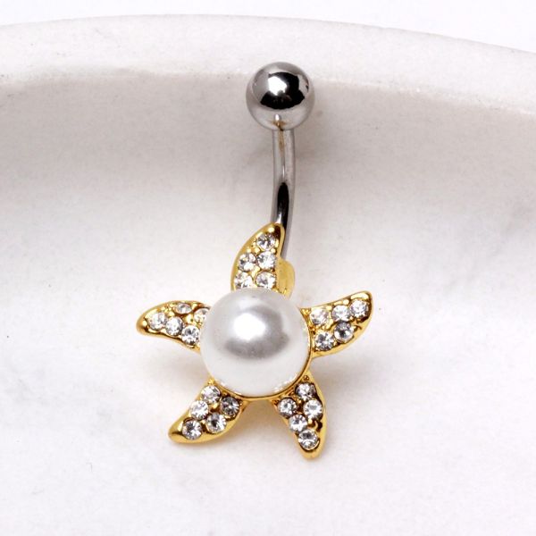 Gold Pearl Accent Starfish Navel Ring