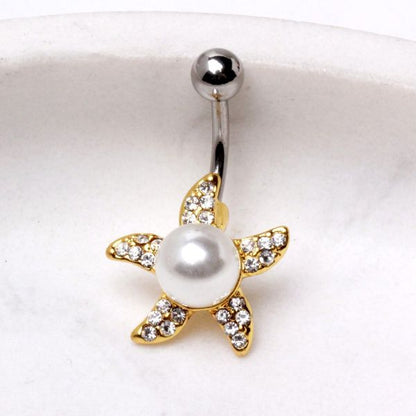Gold Pearl Accent Starfish Navel Ring