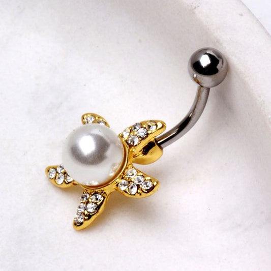 Gold Pearl Accent Starfish Navel Ring