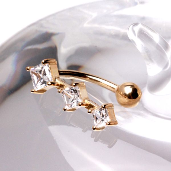 14Kt Yellow Gold Navel Ring with 3 Vertical Gems