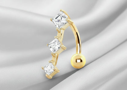 14Kt Yellow Gold Navel Ring with 3 Vertical Gems