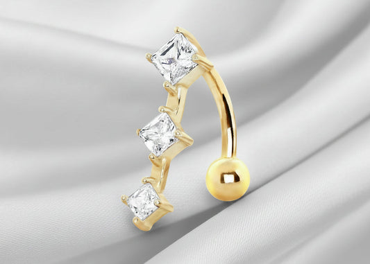 14Kt Yellow Gold Navel Ring with 3 Vertical Gems