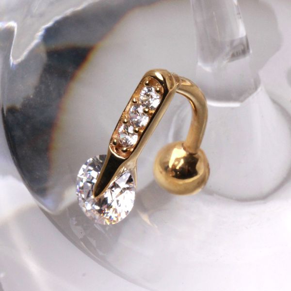 14Kt Yellow Gold Navel Ring with Top Down Multi Round Gems