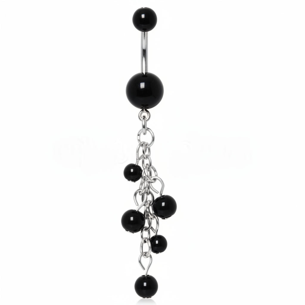 316L Surgical Steel Black Acrylic Navel Ring with Beaded Chain Cascade