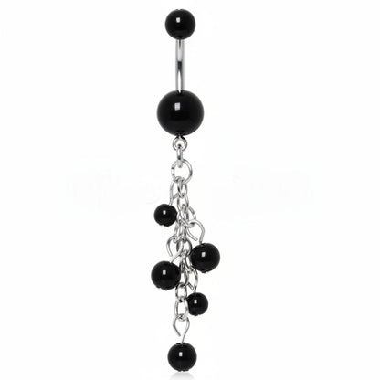316L Surgical Steel Black Acrylic Navel Ring with Beaded Chain Cascade