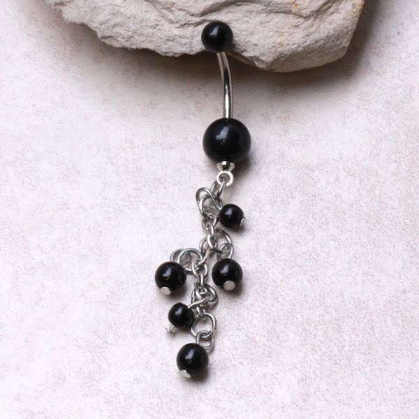 316L Surgical Steel Black Acrylic Navel Ring with Beaded Chain Cascade