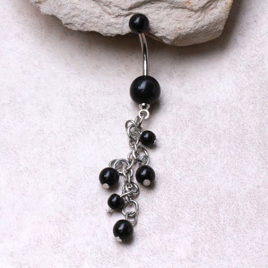 316L Surgical Steel Black Acrylic Navel Ring with Beaded Chain Cascade