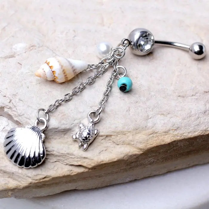 Beach Charms Dangle Belly Ring | Seashell, Turtle & Bead | 316L Surgical Steel