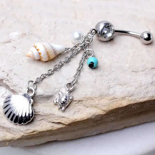 Beach Charms Dangle Belly Ring | Seashell, Turtle & Bead | 316L Surgical Steel