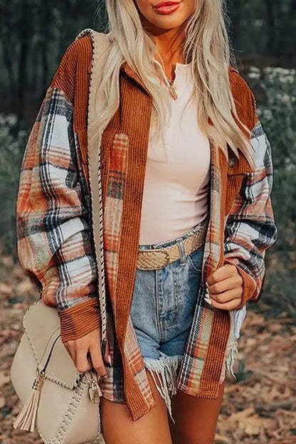 Women's Corduroy Shacket Shacket - Plaid Corduroy Pocketed - Women's Fall Layering