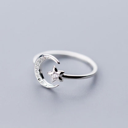 Moon and Star Sterling Silver Adjustable Ring