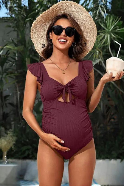 Maternity Swimwear Maternity Swimsuit - Ribbed Ruched Tie Knot Cutout - One-Piece