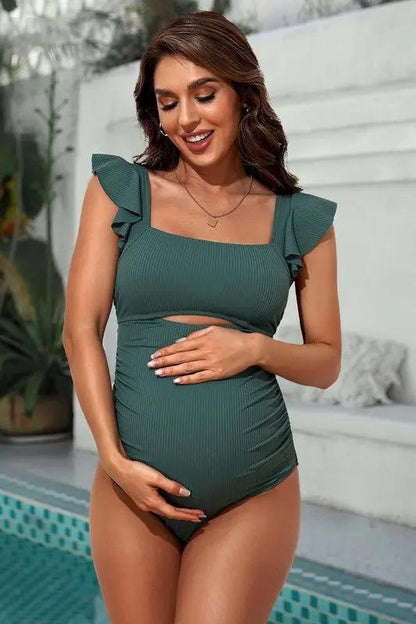 Maternity Swimwear Maternity Swimsuit - Ribbed Ruched Tie Knot Cutout - One-Piece
