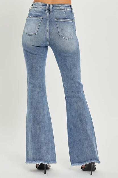 Trendsi Flare Jeans High Waist Raw Hem Denim