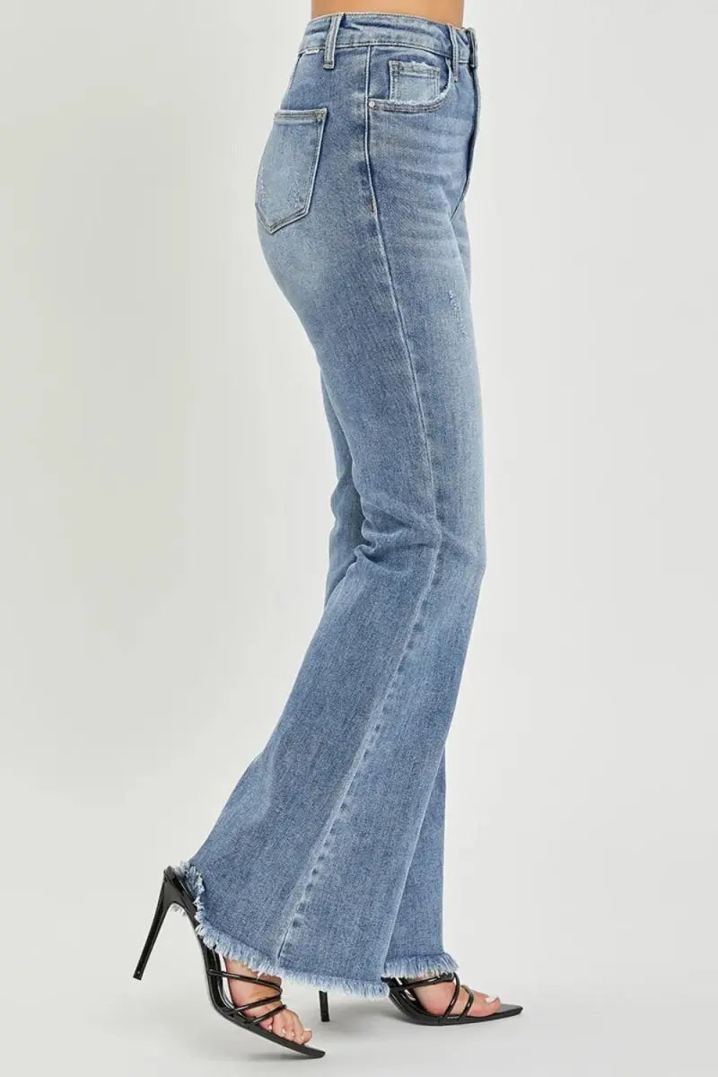 Trendsi Flare Jeans High Waist Raw Hem Denim