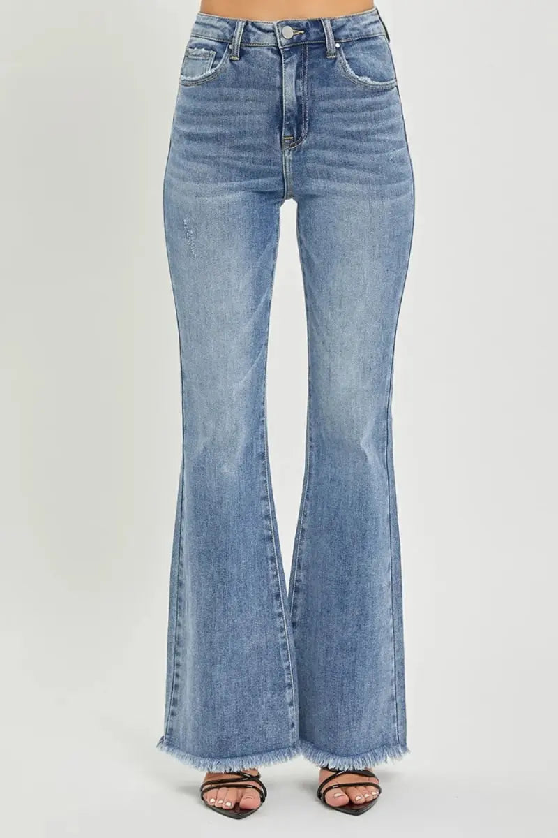 Trendsi Flare Jeans High Waist Raw Hem Denim