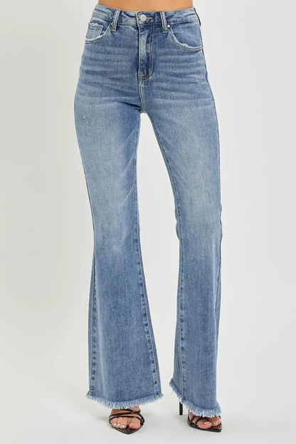 Trendsi Flare Jeans High Waist Raw Hem Denim