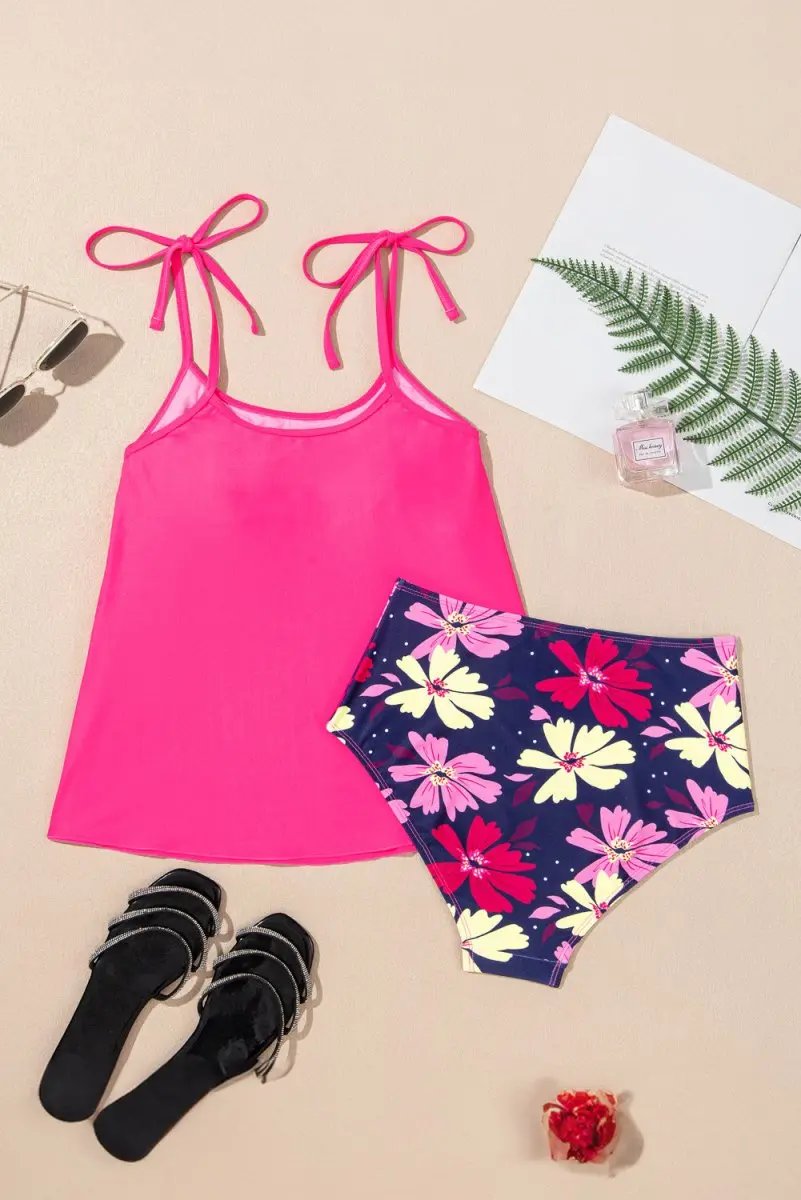 Accessories Love Salve Rose Red Floral Tankini Summer Vacation Women's Swimsuit: Tie Shoulder, Cute