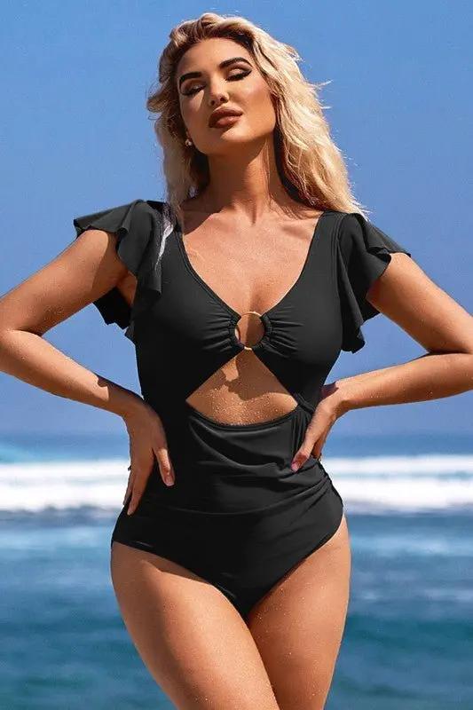 Women's One Piece Swimsuit - Ruffle Cutout Tummy Control - Beach Swimwear
