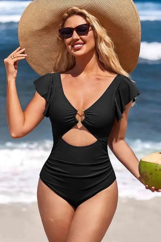Women's One Piece Swimsuit - Ruffle Cutout Tummy Control - Beach Swimwear