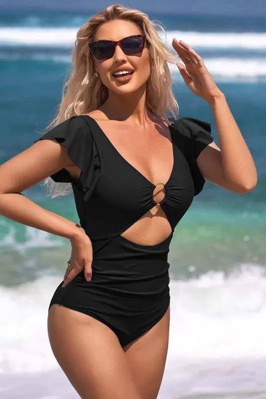 Women's One Piece Swimsuit - Ruffle Cutout Tummy Control - Beach Swimwear