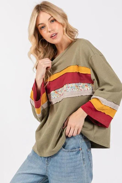 T-Shirts Trendsi SAGE+FIG Color Block French Terry Women's T-Shirt USA Shipped