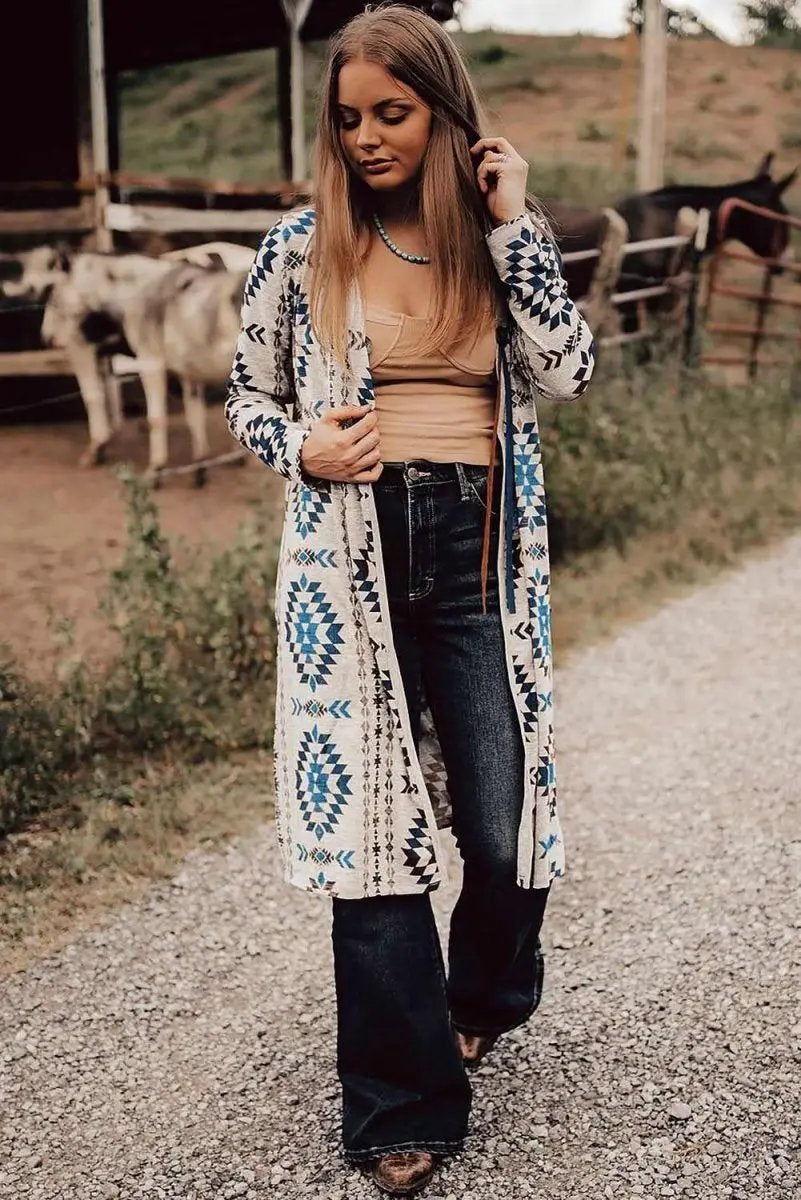 Women's Western Duster Cardigan Women's Cardigan Duster - Sky Blue Aztec Open Front - Western Spring Style