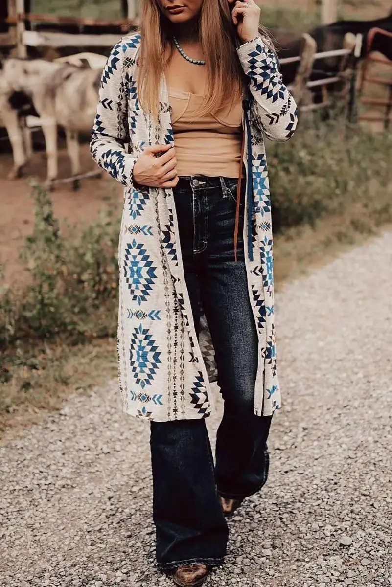 Women's Western Duster Cardigan Women's Cardigan Duster - Sky Blue Aztec Open Front - Western Spring Style