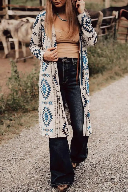 Women's Western Duster Cardigan Women's Cardigan Duster - Sky Blue Aztec Open Front - Western Spring Style