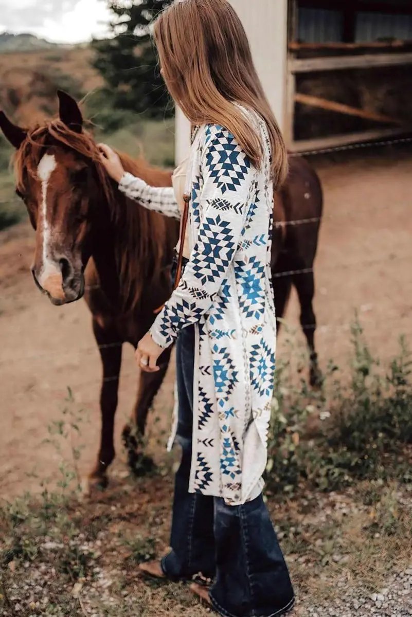 Women's Western Duster Cardigan Women's Cardigan Duster - Sky Blue Aztec Open Front - Western Spring Style