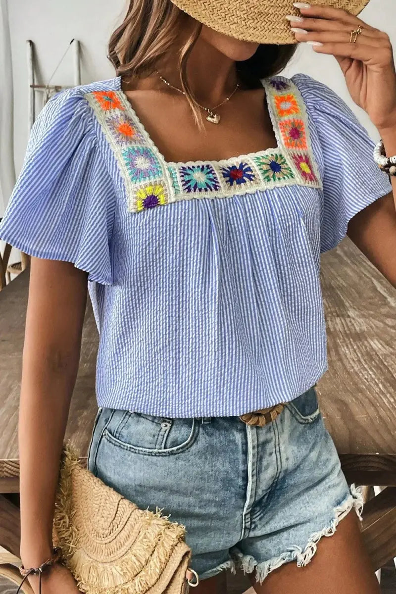 Women's Blouse - Stripe Ruffle Detail - Boho Chic & Comfy Top