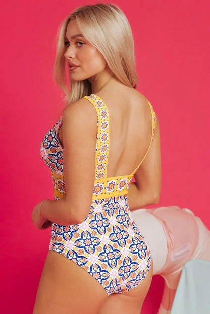 Accessories Love Salve Yellow Floral Monokini Women's Vacation Swimsuit V Neck, Bohemian Style