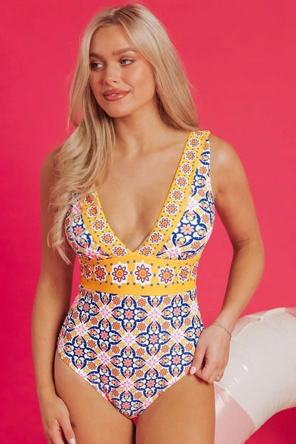 Accessories Love Salve Yellow Floral Monokini Women's Vacation Swimsuit V Neck, Bohemian Style