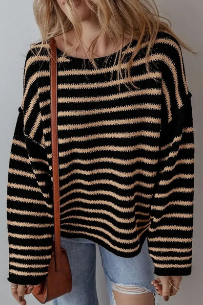 Sweaters Love Salve Black Striped Sweater Women's Casual Winter Top: Oversized & Trendy