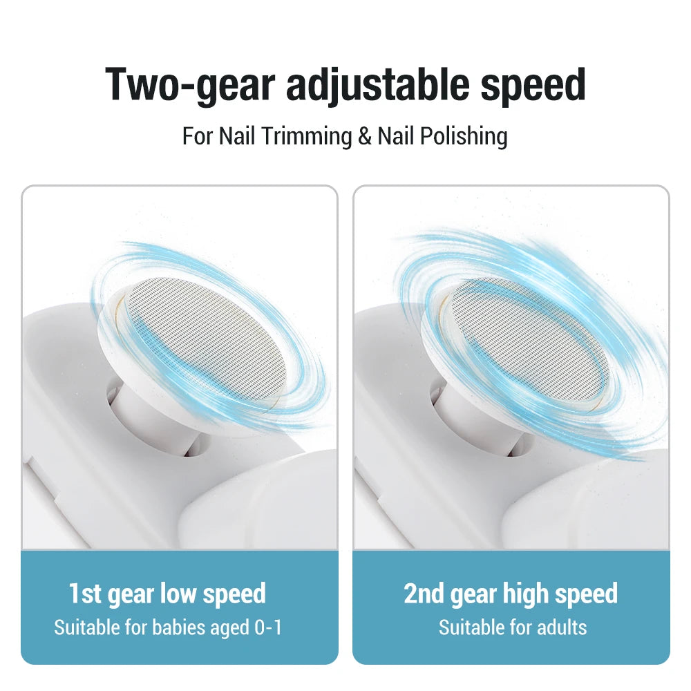 Two-speed nail tool with text indicating adjustable speed for nail trimming and polishing. | Origin Zero