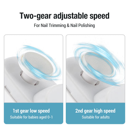 Two-speed nail tool with text indicating adjustable speed for nail trimming and polishing. | Origin Zero